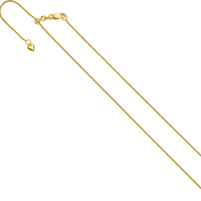 14K Solid Yellow Gold Adjustable 1mm Spiga Wheat Link Chain Necklace