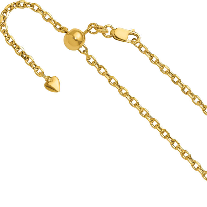 14K Solid Yellow Gold Adjustable 2.5mm Cable Rolo Link Chain Belcher Necklace