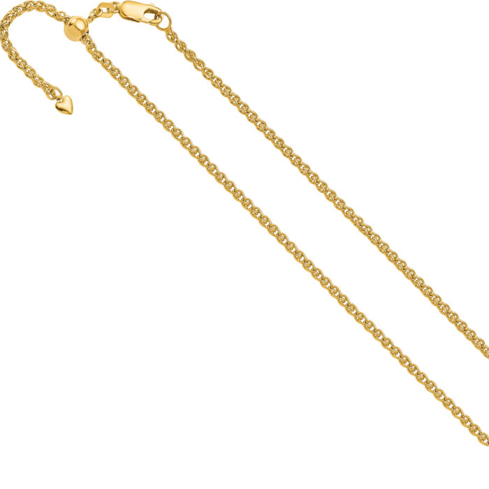 14K Solid Yellow Gold Adjustable 2.5mm Spiga Wheat Link Chain Necklace