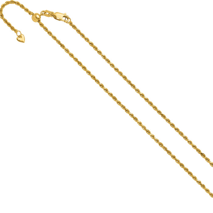 14K Solid Yellow Gold Adjustable 2mm Rope Chain Twisted Link Necklace