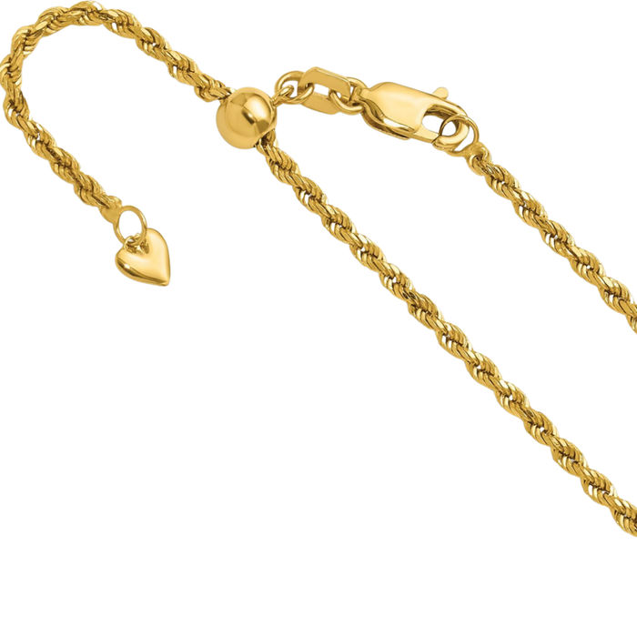 14K Solid Yellow Gold Adjustable 2mm Rope Chain Twisted Link Necklace