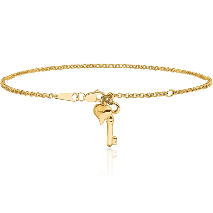 14K Solid Yellow Gold Adjustable Heart Key Anklet Summer Beach Foot Ankle Bracelet