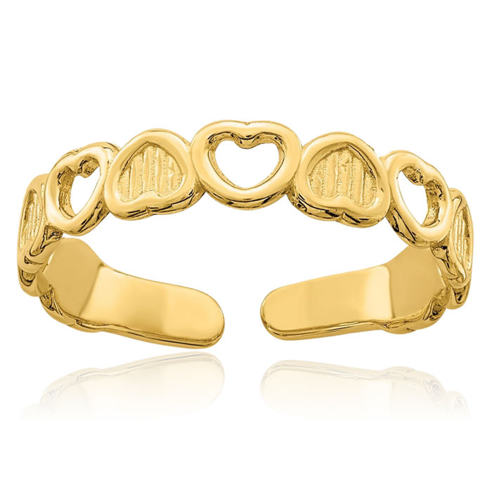 14K Solid Yellow Gold Adjustable Heart Toe Ring Open Midi Band Summer Beach Jewelry