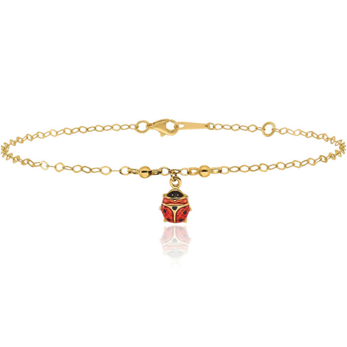 14K Solid Yellow Gold Adjustable Ladybug Anklet Summer Beach Foot Ankle Bracelet