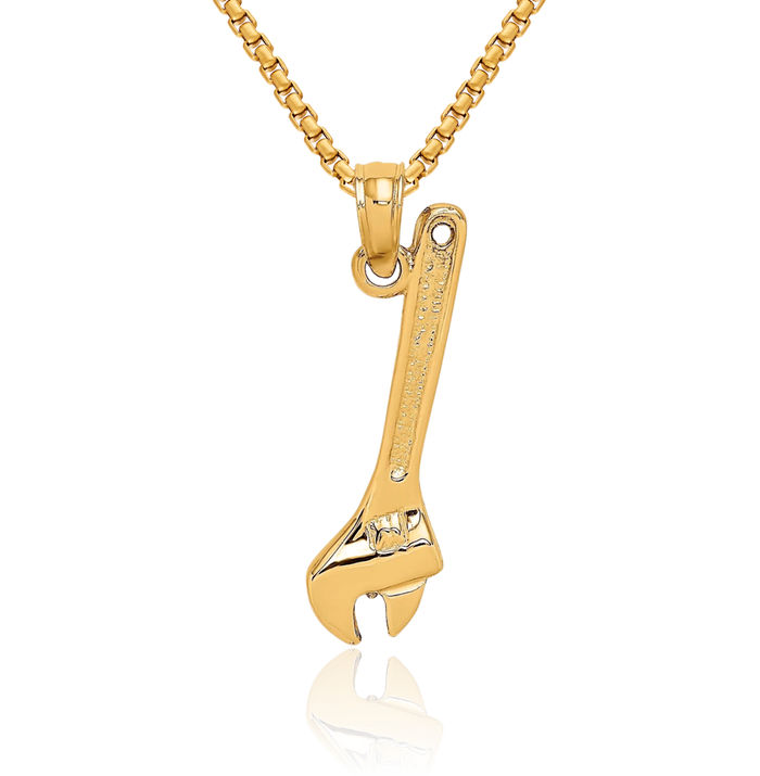 14K Solid Yellow Gold Adjustable Wrench Necklace Mechanic Chain Pendant Charm