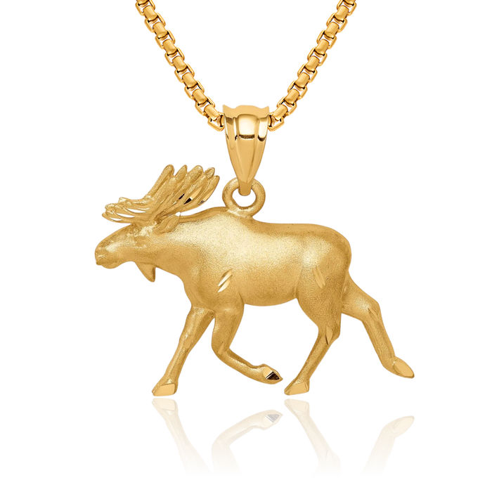 14K Solid Yellow Gold Alaskan Moose Necklace Chain Pendant Charm