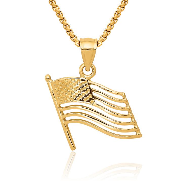 14K Solid Yellow Gold American Flag Necklace Chain Pendant Charm