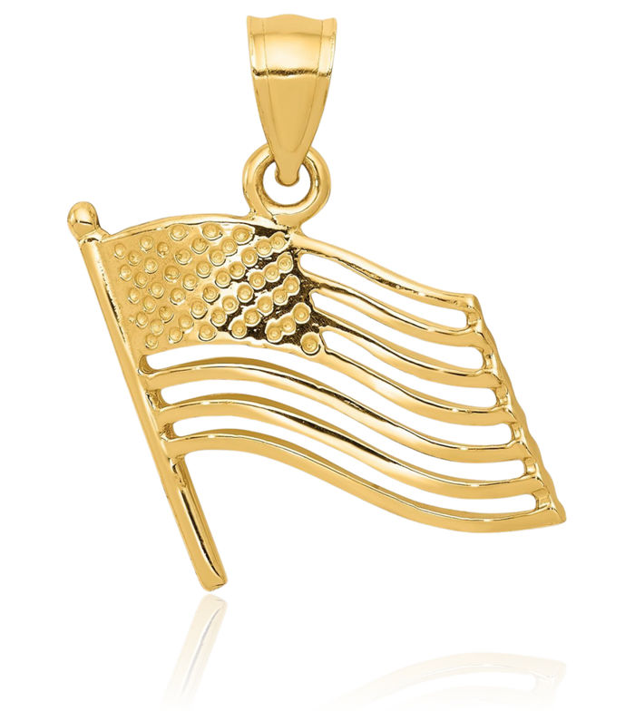 14K Solid Yellow Gold American Flag Necklace Chain Pendant Charm