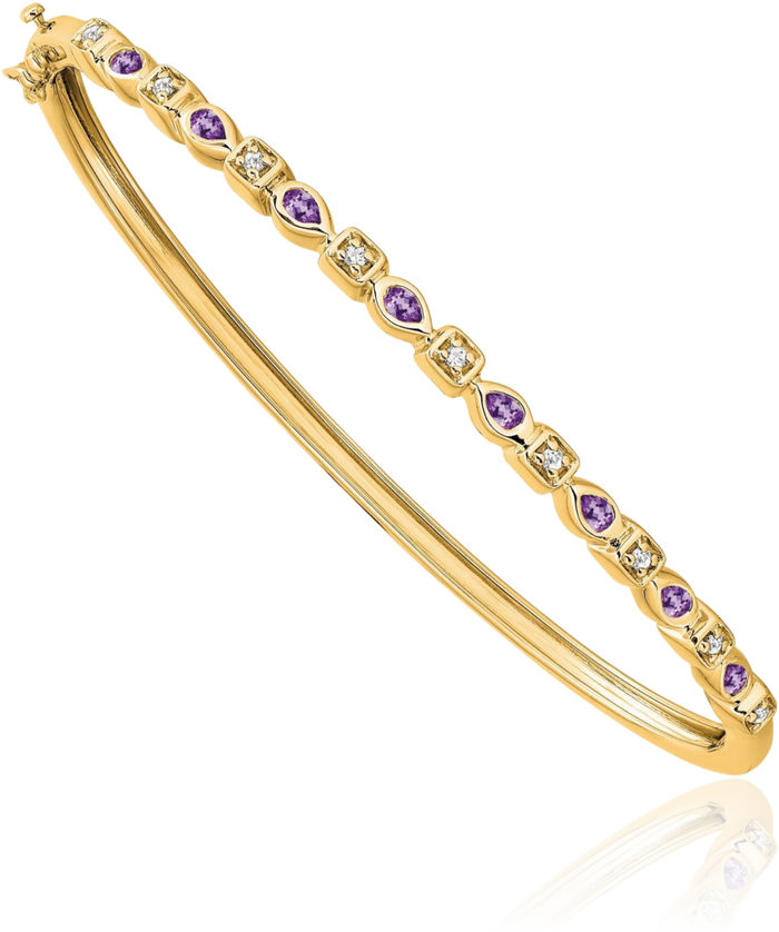 14K Solid Yellow Gold Purple Amethyst Diamond Gemstone Bangle Bracelet