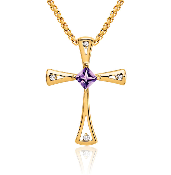 14K Solid Yellow Gold Purple Amethyst Diamond Holy Cross Floating Chain Slide Pendant Necklace Religious Jesus Christ Charm