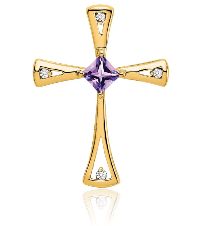 14K Solid Yellow Gold Purple Amethyst Diamond Holy Cross Floating Chain Slide Pendant Necklace Religious Jesus Christ Charm
