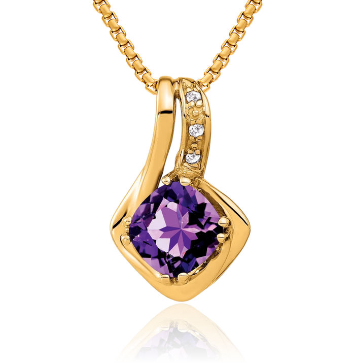 14K Solid Yellow Gold Purple Amethyst Diamond Floating Chain Slide Gemstone Pendant Necklace Charm