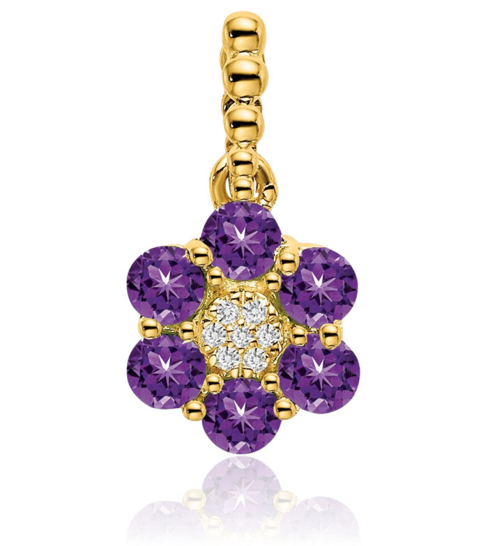 14K Solid Yellow Gold Purple Amethyst Diamond Flower Necklace Charm Gemstone Pendant