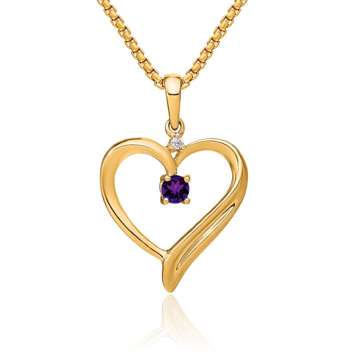 14K Solid Yellow Gold Purple Amethyst Diamond Heart Necklace Charm Gemstone Pendant