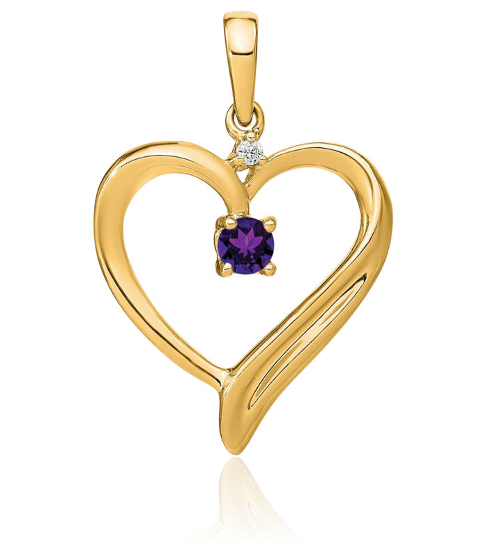 14K Solid Yellow Gold Purple Amethyst Diamond Heart Necklace Charm Gemstone Pendant