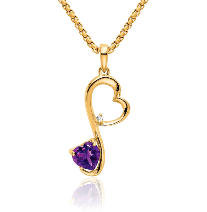 14K Solid Yellow Gold Purple Amethyst Diamond Heart Necklace Charm Gemstone Pendant