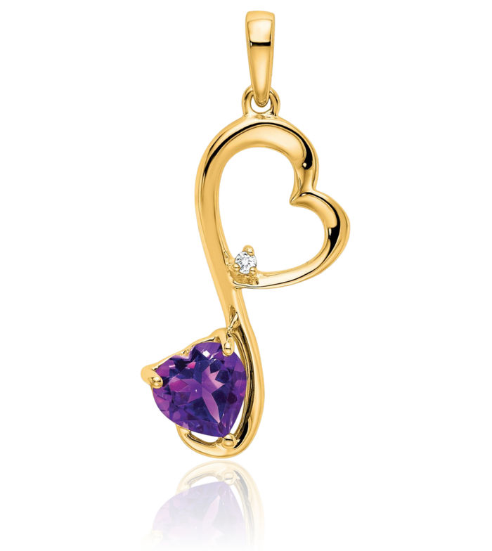 14K Solid Yellow Gold Purple Amethyst Diamond Heart Necklace Charm Gemstone Pendant