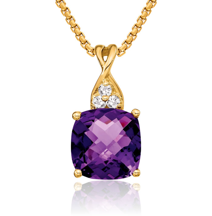 14K Solid Yellow Gold Purple Amethyst Diamond Necklace Charm Gemstone Pendant February Birthstone Jewelry