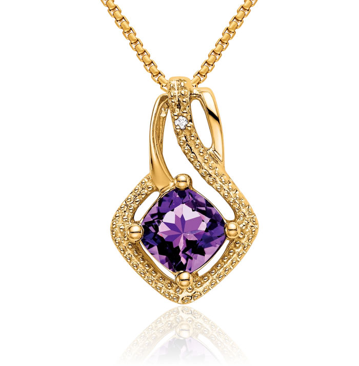 14K Solid Yellow Gold Purple Amethyst Diamond Necklace Charm Gemstone Pendant