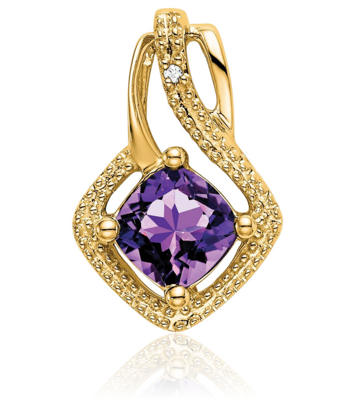 14K Solid Yellow Gold Purple Amethyst Diamond Necklace Charm Gemstone Pendant