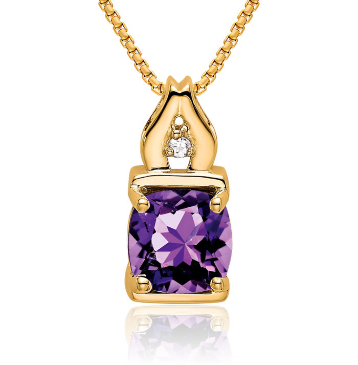 14K Solid Yellow Gold Purple Amethyst Diamond Necklace Charm Gemstone Pendant