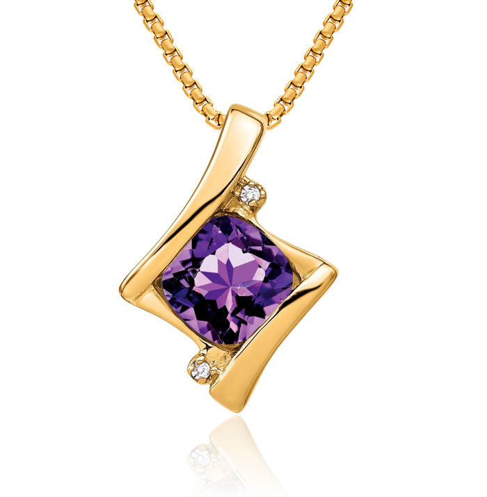 14K Solid Yellow Gold Purple Amethyst Diamond Necklace Charm Gemstone Pendant