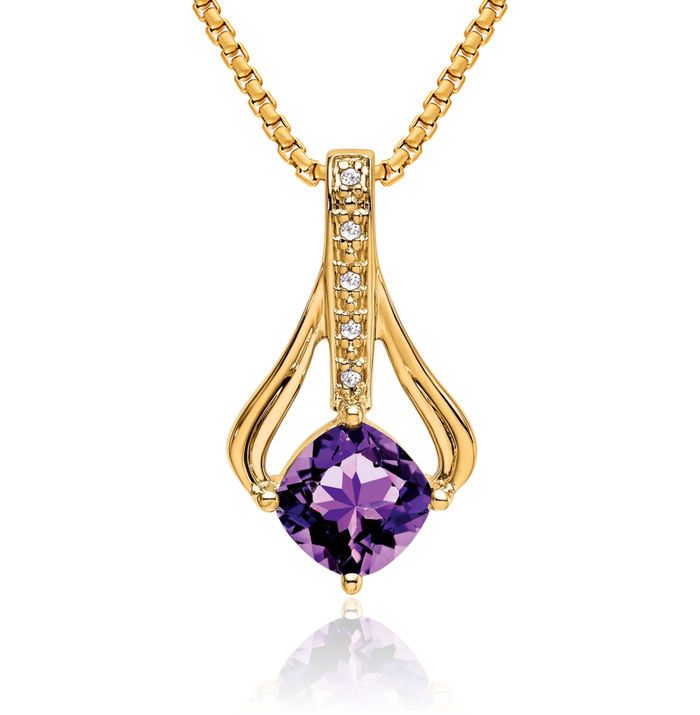 14K Solid Yellow Gold Purple Amethyst Diamond Necklace Charm Gemstone Pendant