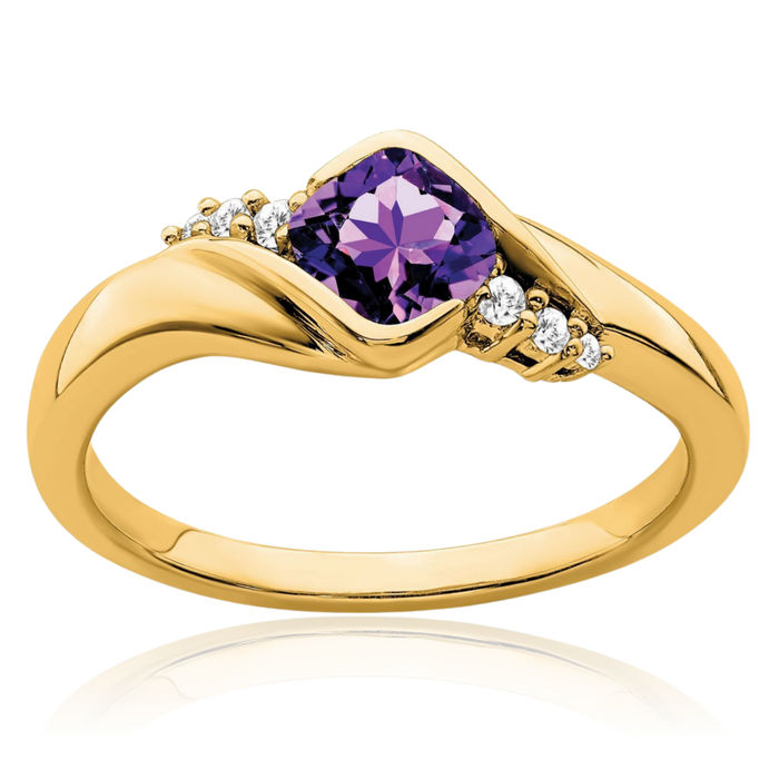 14K Solid Yellow Gold Purple Amethyst Diamond Ring Gemstone Band February Birthstone Jewelry