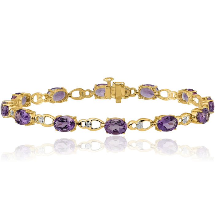 14K Solid Yellow Gold Purple Amethyst Diamond Chain Gemstone Tennis Bracelet