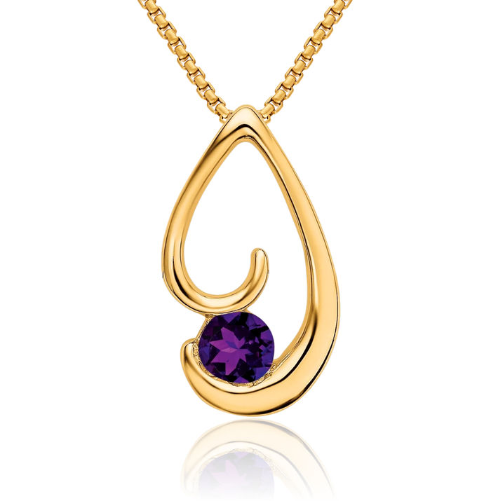 14K Solid Yellow Gold Purple Amethyst Floating Chain Slide Gemstone Pendant Necklace Charm