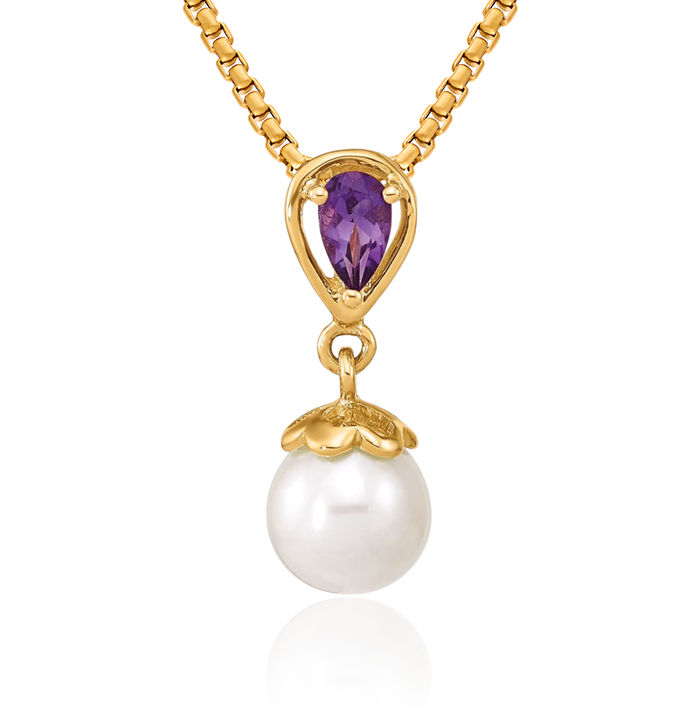 14K Solid Yellow Gold Purple Amethyst Freshwater Cultured Pearl Floating Chain Slide Pendant Necklace Gemstone Charm