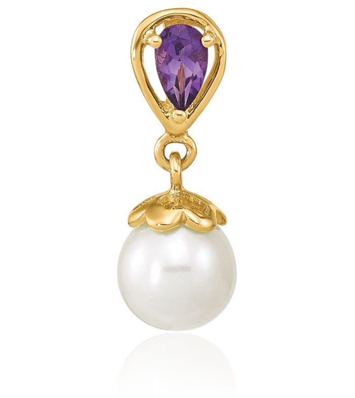 14K Solid Yellow Gold Purple Amethyst Freshwater Cultured Pearl Floating Chain Slide Pendant Necklace Gemstone Charm