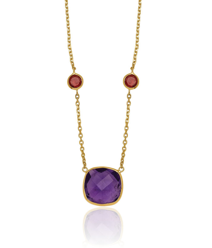 14K Solid Yellow Gold Purple Amethyst Red Garnet Necklace Chain Gemstone Pendant Charm