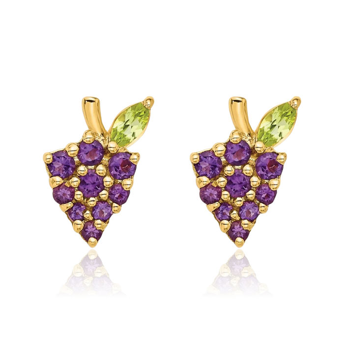 14K Solid Yellow Gold Purple Amethyst Green Peridot Grapes Stud Earrings