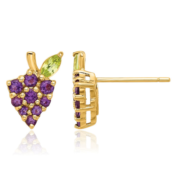 14K Solid Yellow Gold Purple Amethyst Green Peridot Grapes Stud Earrings