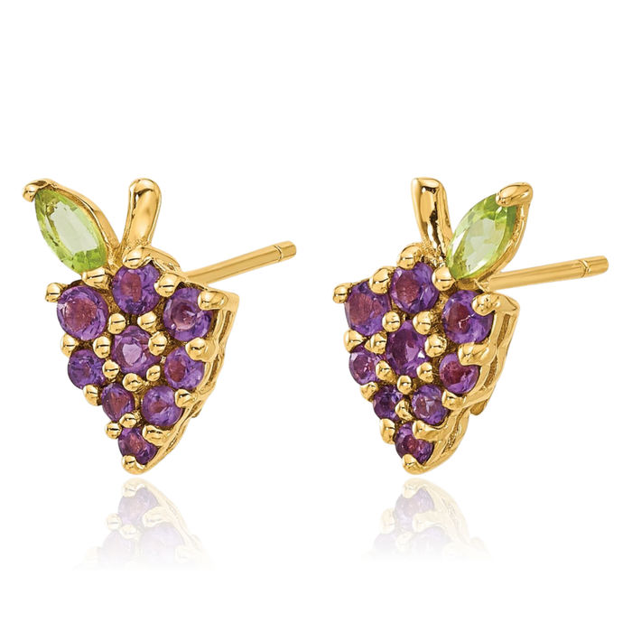 14K Solid Yellow Gold Purple Amethyst Green Peridot Grapes Stud Earrings