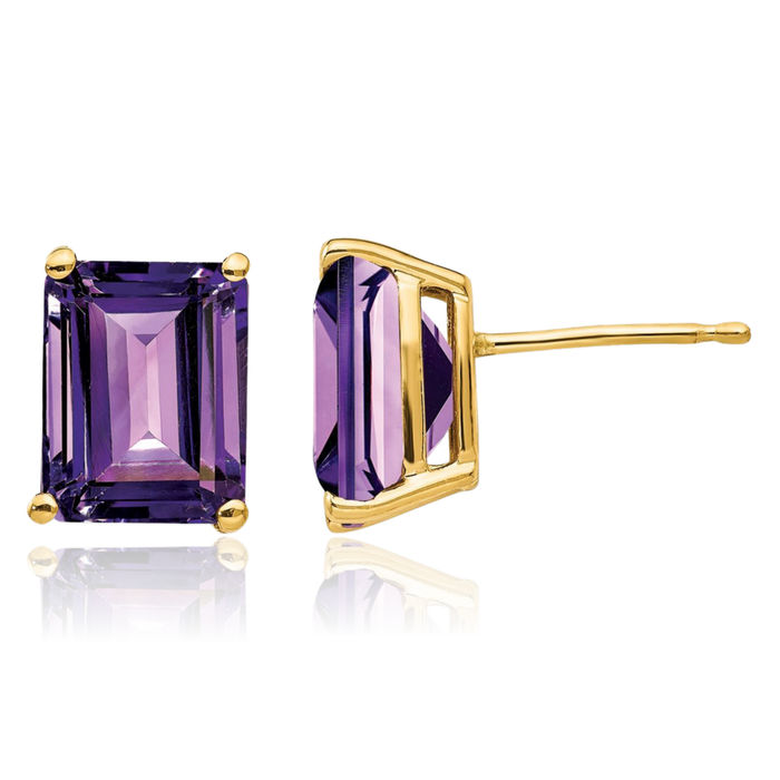 14K Solid Yellow Gold Purple Amethyst Studs Gemstone Solitaire Earrings February Birthstone Jewelry