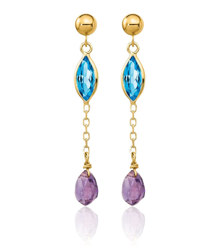 14K Solid Yellow Gold Purple Amethyst Swiss Blue Topaz Drop Dangle Earrings December Birthstone Jewelry