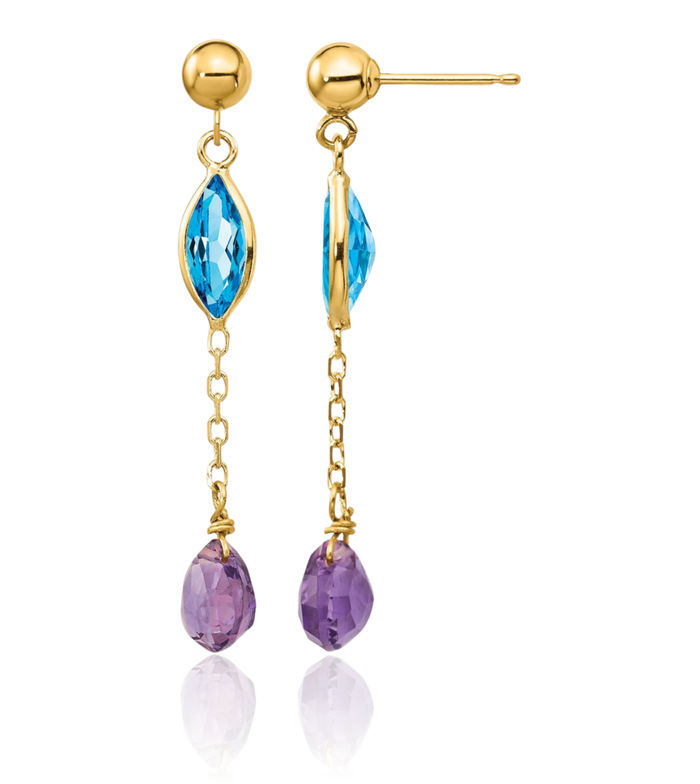 14K Solid Yellow Gold Purple Amethyst Swiss Blue Topaz Drop Dangle Earrings December Birthstone Jewelry