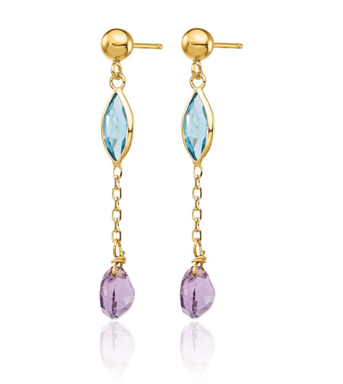 14K Solid Yellow Gold Purple Amethyst Swiss Blue Topaz Drop Dangle Earrings December Birthstone Jewelry