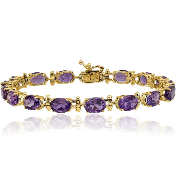 14K Solid Yellow Gold Purple Amethyst Chain Gemstone Tennis Bracelet