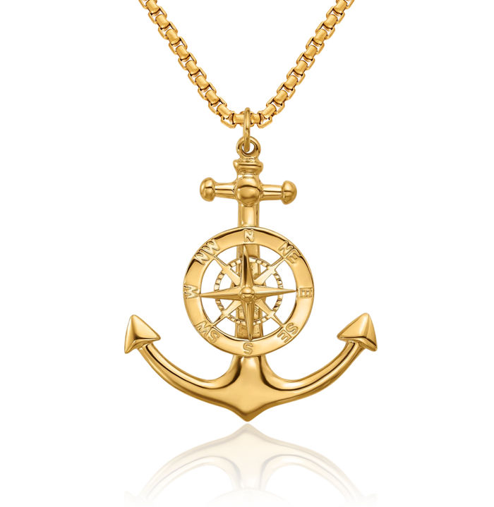 14K Solid Yellow Gold Anchor Mariner Nautical North Star Compass Necklace Chain Pendant Charm