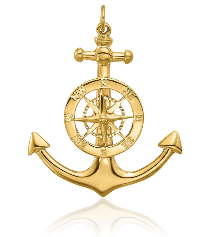 14K Solid Yellow Gold Anchor Mariner Nautical North Star Compass Necklace Chain Pendant Charm