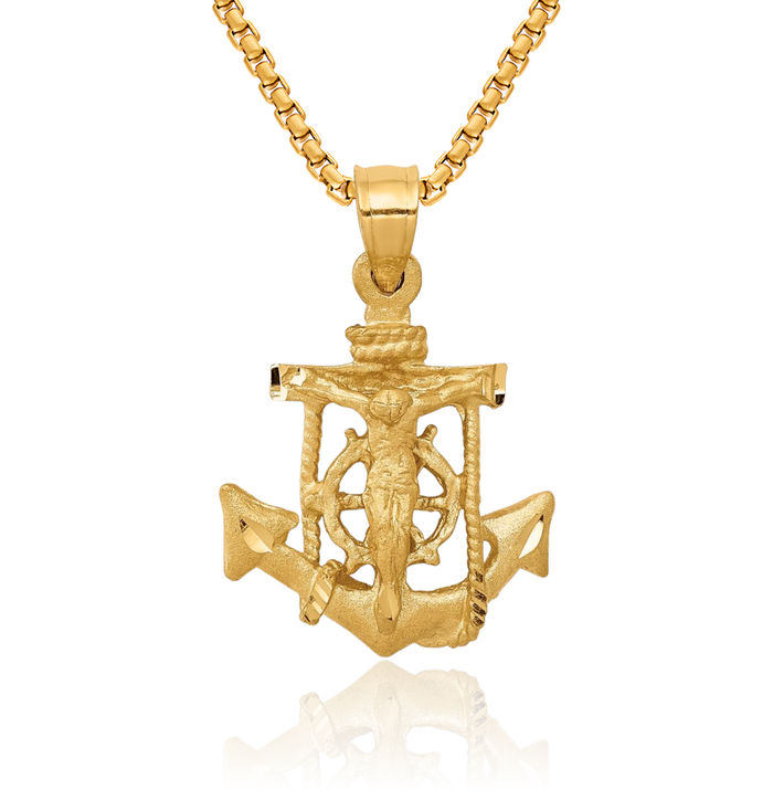 14K Solid Yellow Gold Anchor Mariner Holy Cross Necklace Religious Chain Pendant Jesus Christ Nautical Charm