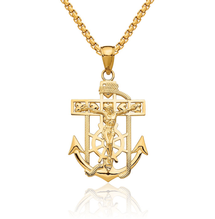 14K Solid Yellow Gold Anchor Mariner Lord Jesus Christ Crucifix Holy Cross Necklace Religious Chain Pendant Nautical Charm