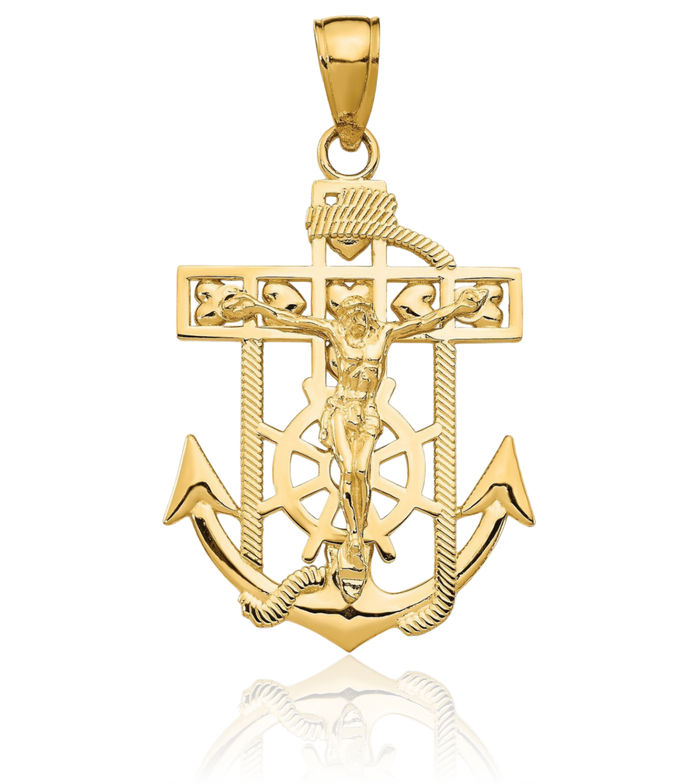 14K Solid Yellow Gold Anchor Mariner Lord Jesus Christ Crucifix Holy Cross Necklace Religious Chain Pendant Nautical Charm