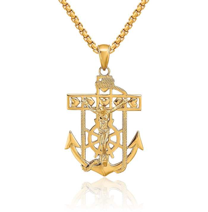 14K Solid Yellow Gold Anchor Mariner Lord Jesus Christ Crucifix Holy Cross Necklace Religious Chain Pendant Nautical Charm