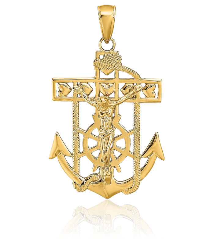 14K Solid Yellow Gold Anchor Mariner Lord Jesus Christ Crucifix Holy Cross Necklace Religious Chain Pendant Nautical Charm