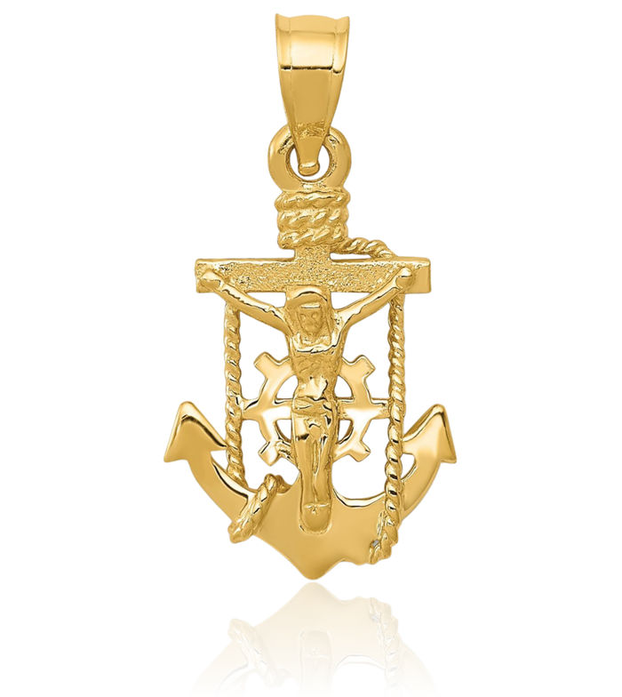 14K Solid Yellow Gold Anchor Mariner Lord Jesus Christ Crucifix Holy Cross Necklace Religious Chain Pendant Nautical Charm