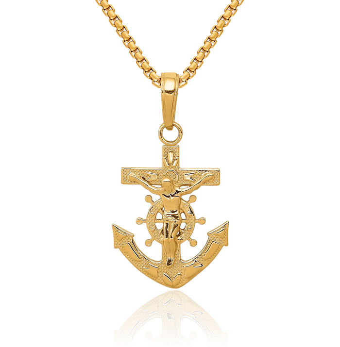 14K Solid Yellow Gold Anchor Mariner Lord Jesus Christ Crucifix Holy Cross Necklace Religious Chain Pendant Nautical Charm